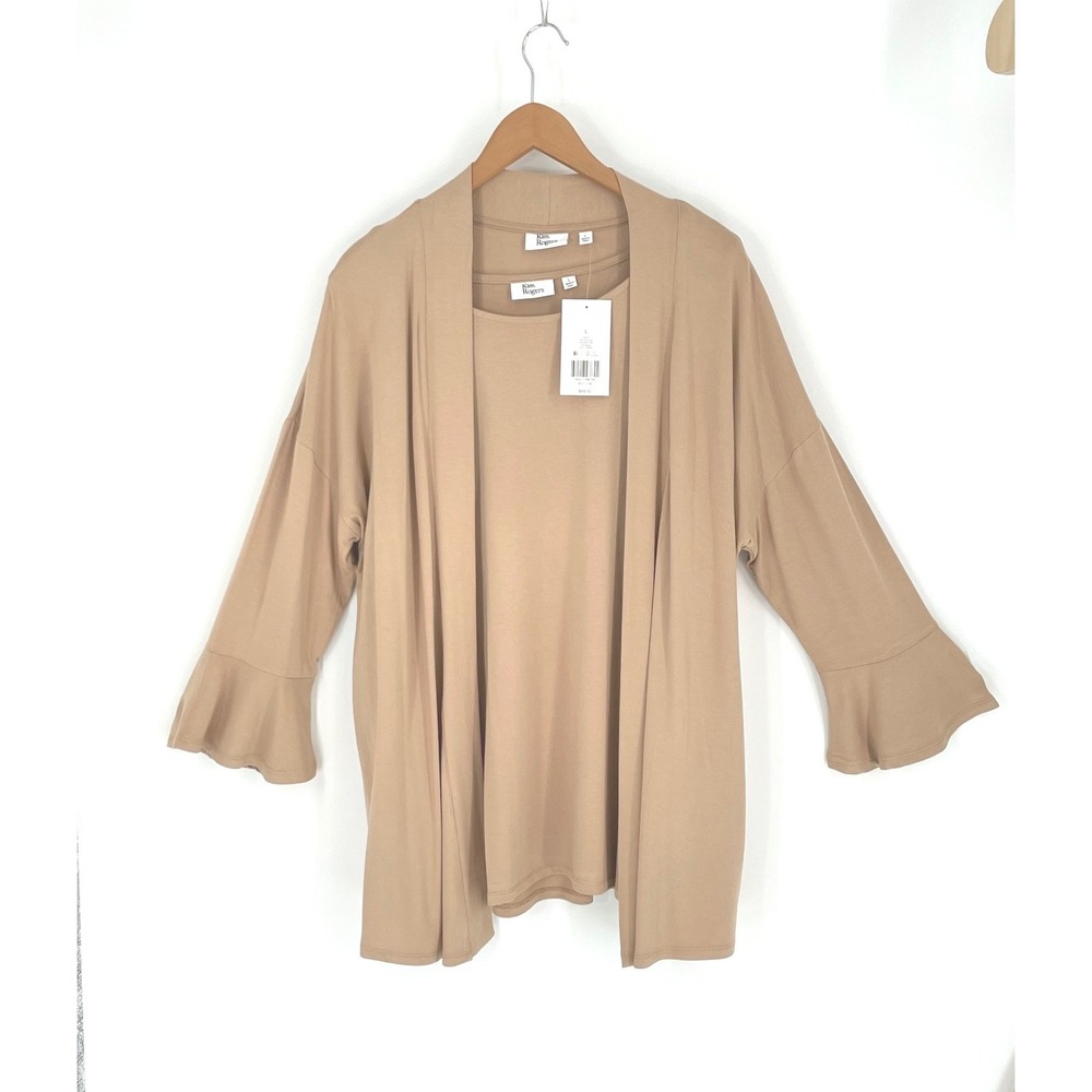 NWT Kim Rogers Women 2pc Set L‎ Open Cardigan With Tank Tan Ruffle Cuff Knit $69